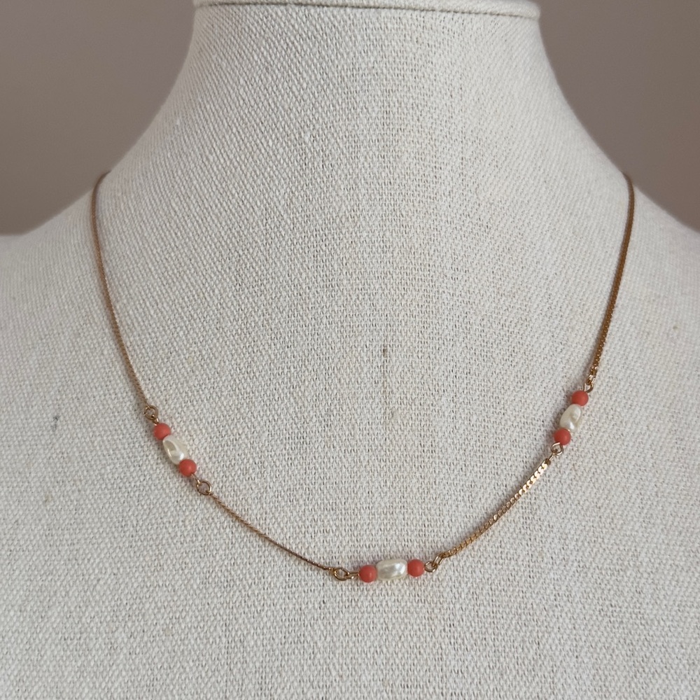 Vintage Avon Gold Tone with Faux Pearl and Coral Beads Necklace